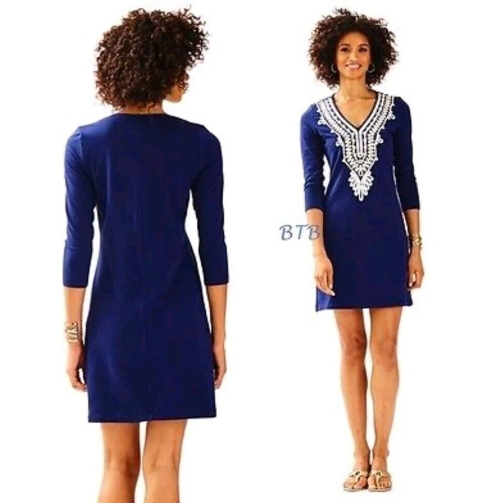 Lilly Pulitzer Clarkson Navy gold trim white scroll 3/4 sleeve dress Embroidered